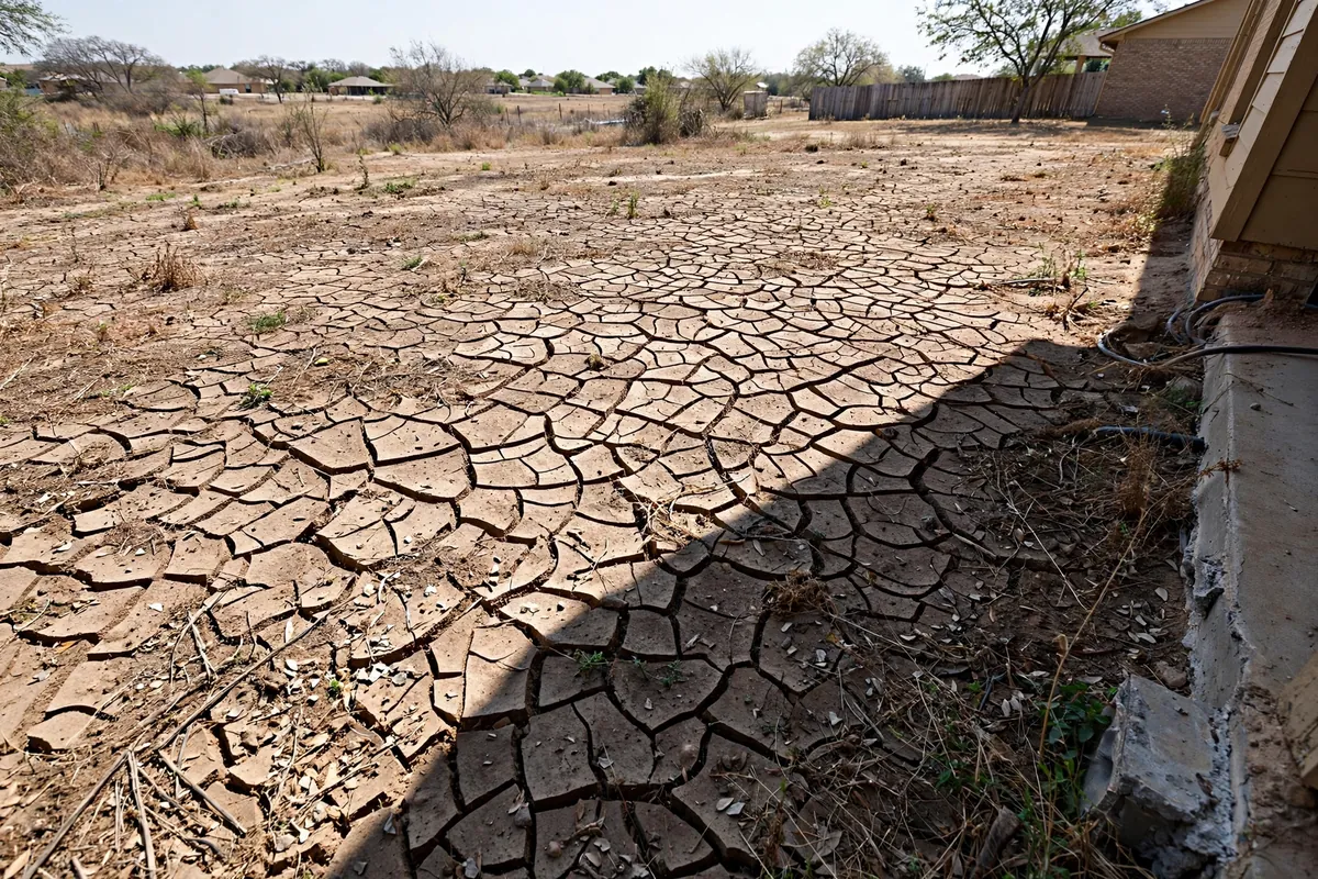 Deeply cracked dry clay soil in a Texas summer yard