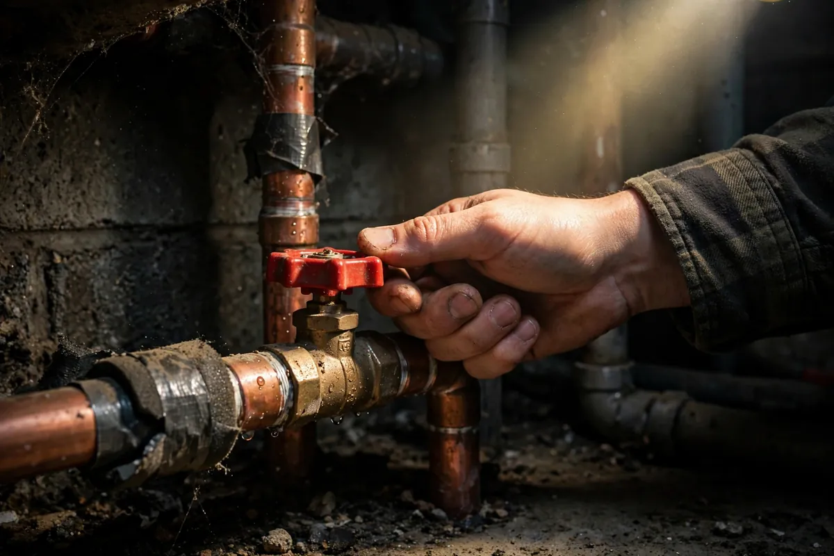 Red-handled main water shutoff valve in a utility area