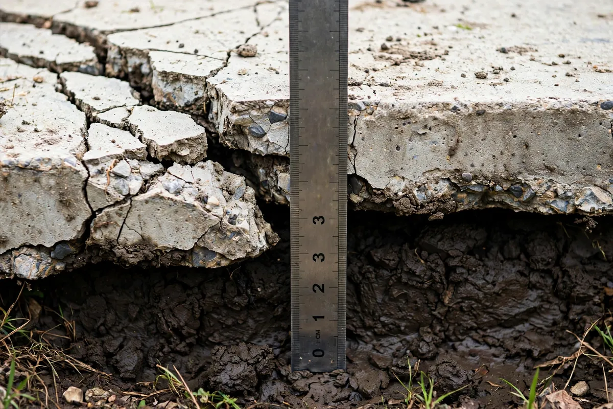 Lifted concrete slab edge with moist clay soil underneath in DFW