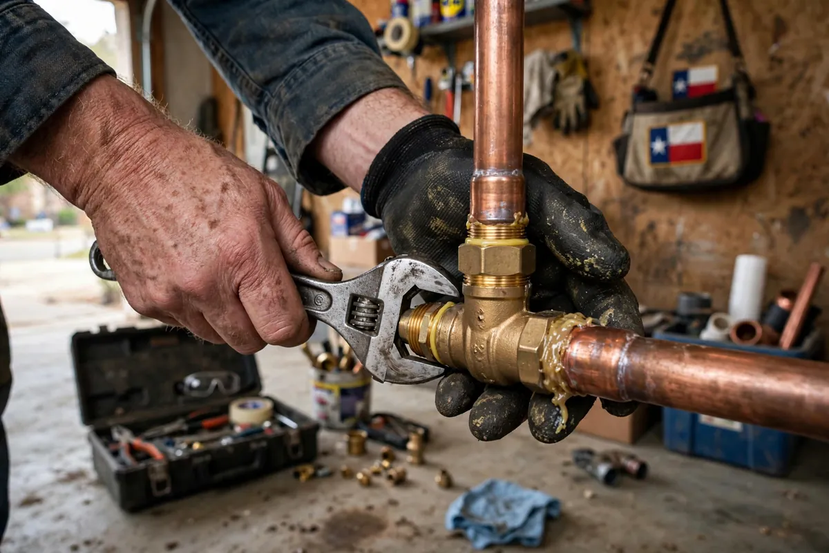 Plumber installing a brass pressure reducing valve in Texas