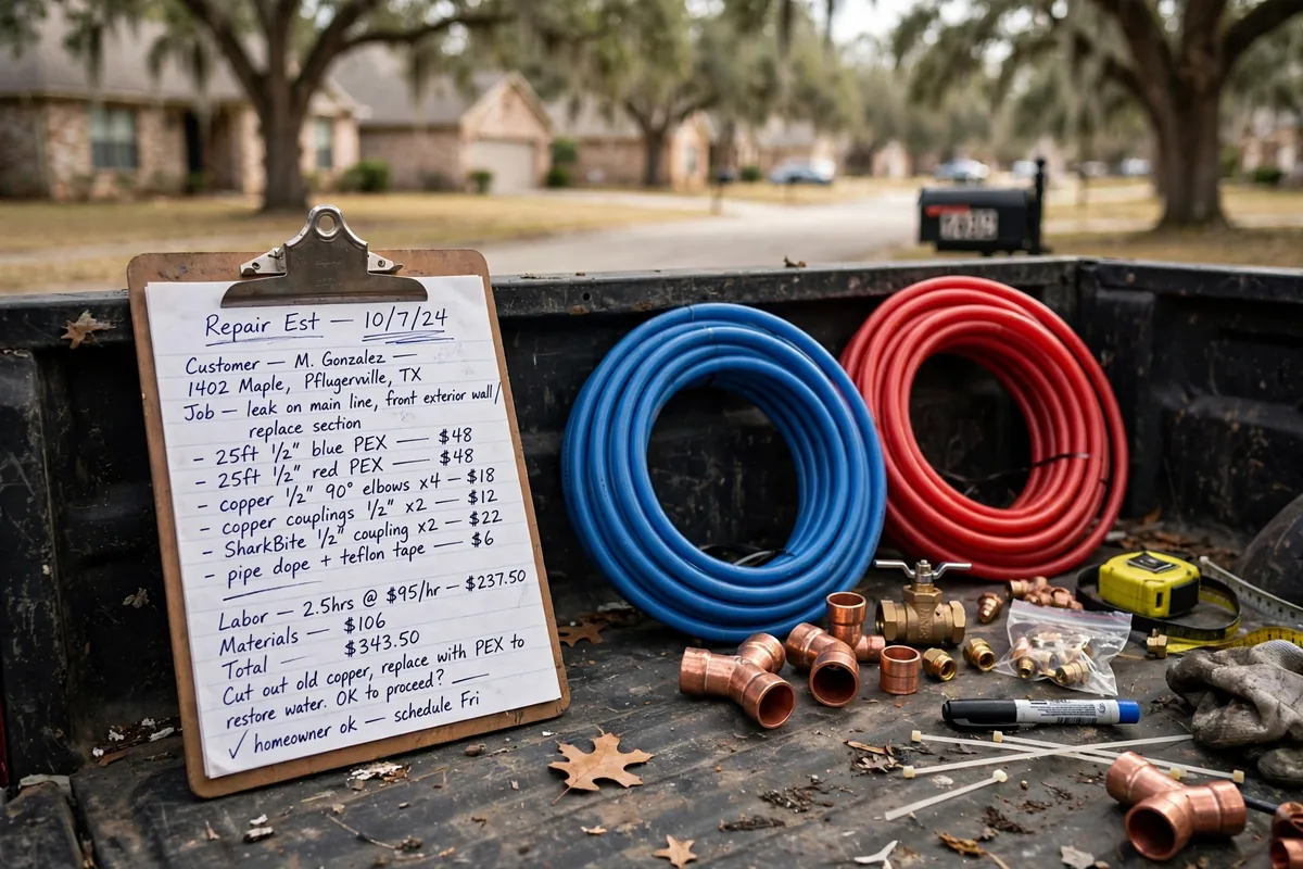 Repair estimate and PEX pipe coils for reroute cost comparison
