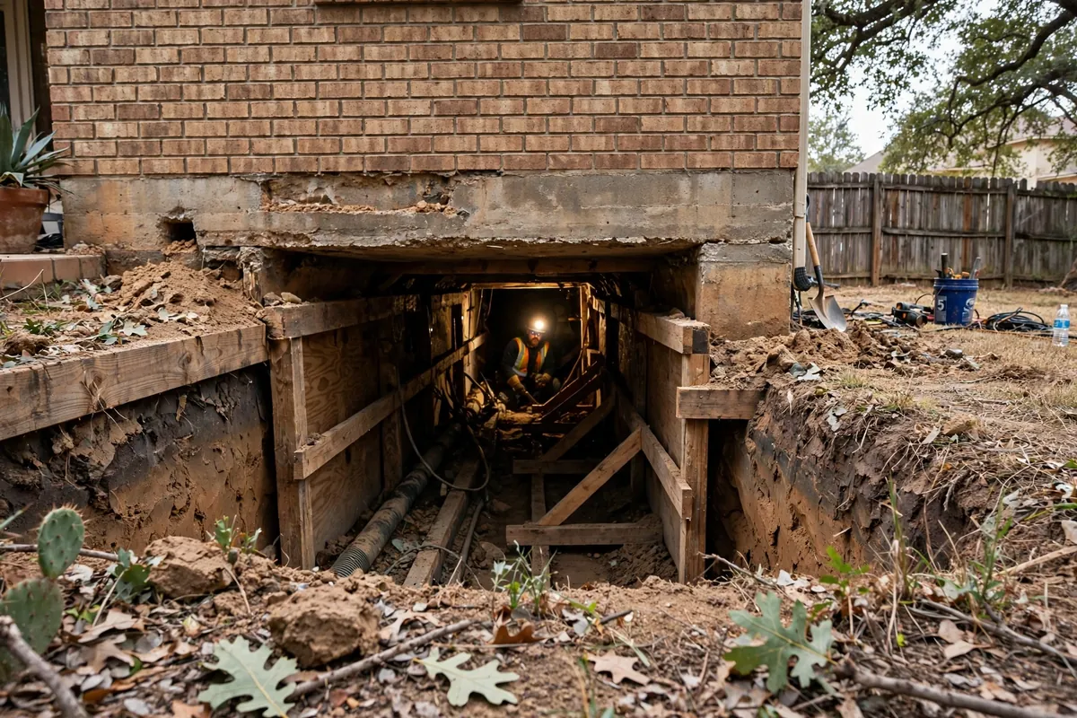Shored tunnel excavation under a house foundation in Texas