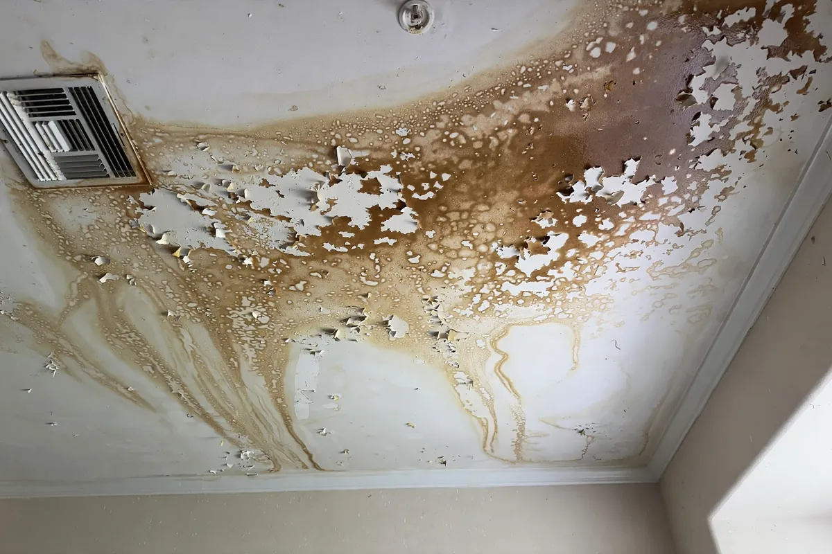 Water stain spreading across a living room ceiling in Texas